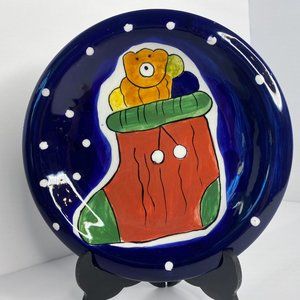 Christmas Hand Painted Bear in Stocking Plate Kitschy Collectible WCL